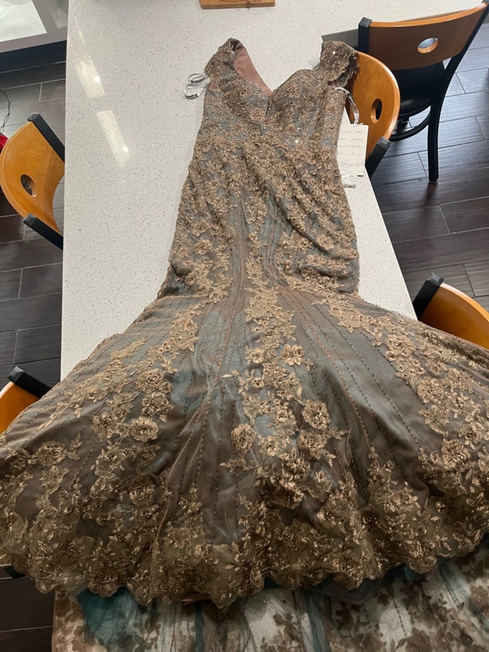 Embroidered Lace Mermaid Evening Dress in Taupe